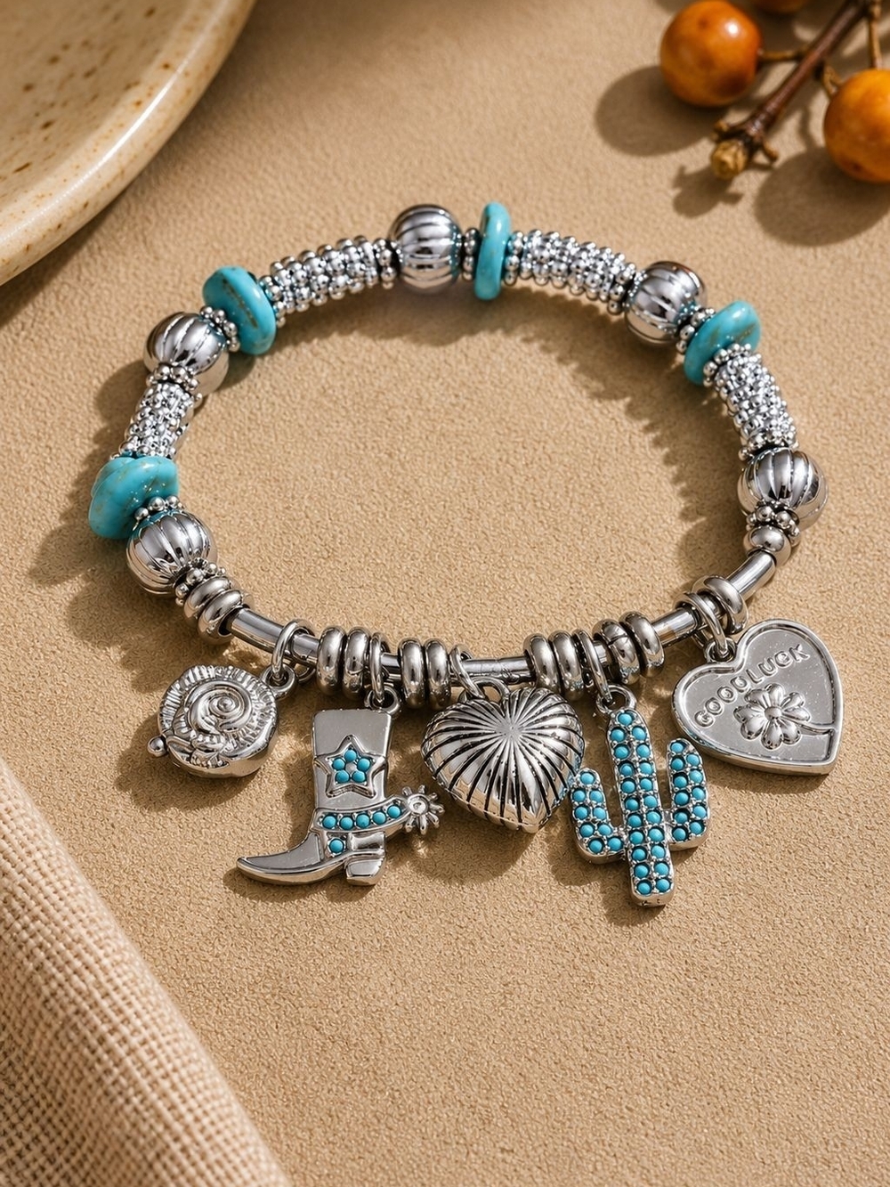 Silver-Tone Charm Bracelet with Turquoise Accents